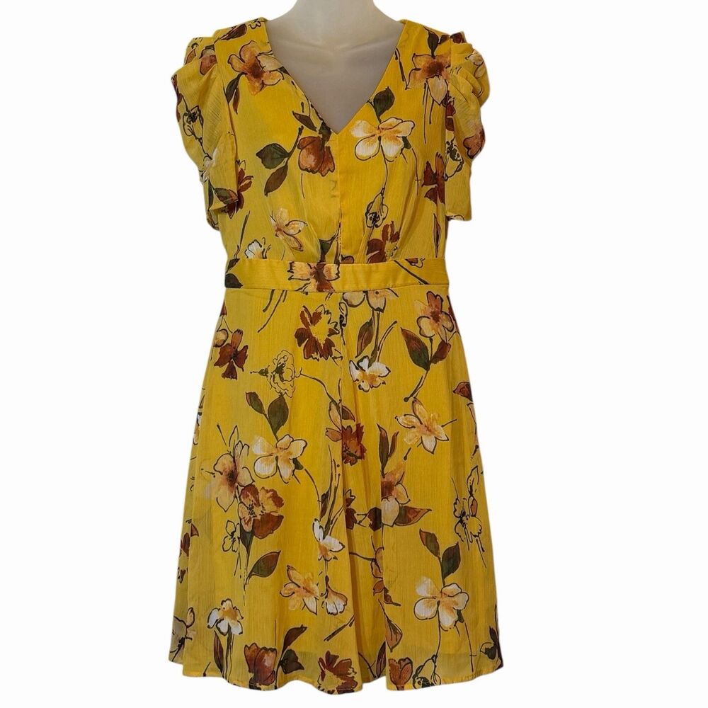 DKNY Floral Dress Womens 2 Cinched Sleeve Yellow Boho Brunch Summer Flowy Dress
